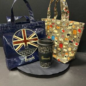 Harrods Bundle including the Union Jack and Cat Print Tote Bags with Travel Mug